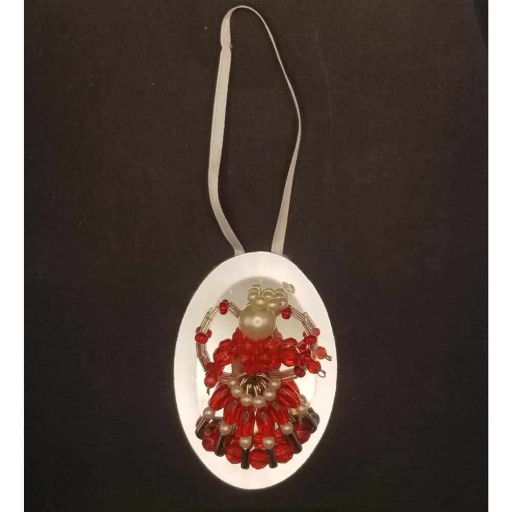 Vintage Beaded Angel Ornament Mirror 3" Red Pearl Handmade Safety Pins